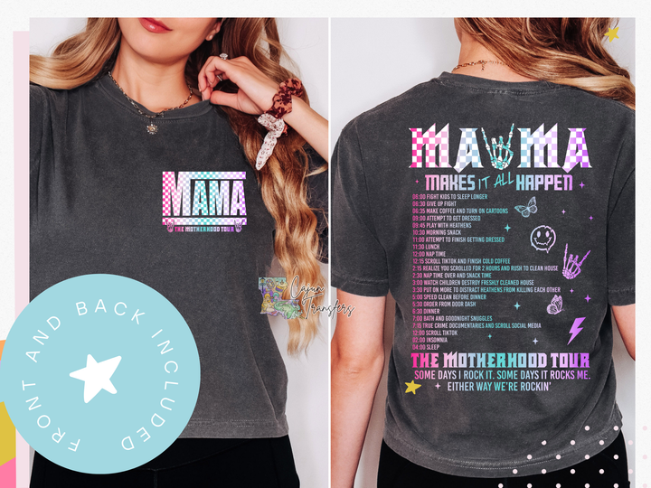 a woman with long hair wearing a black mama shirt