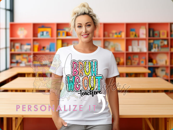 a woman standing in front of a wooden table