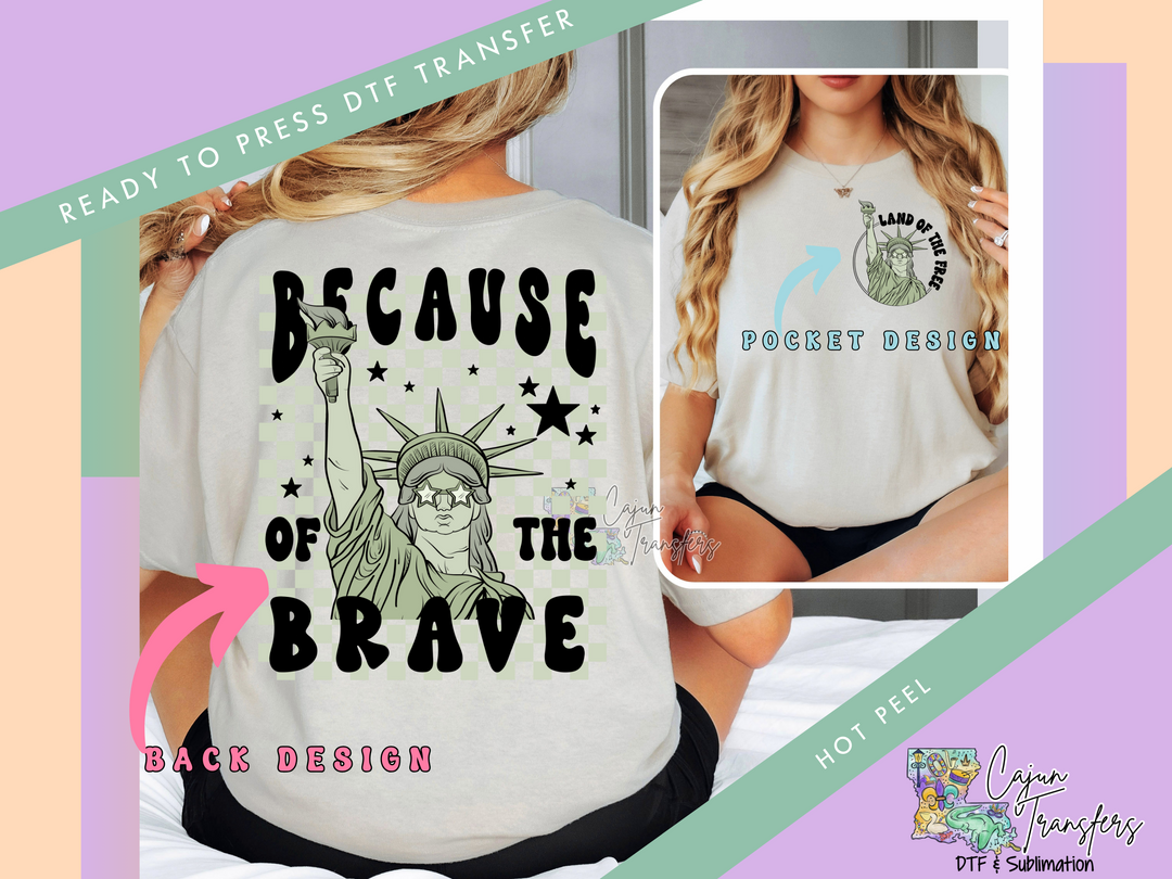 a woman wearing a t - shirt that says because of the brave