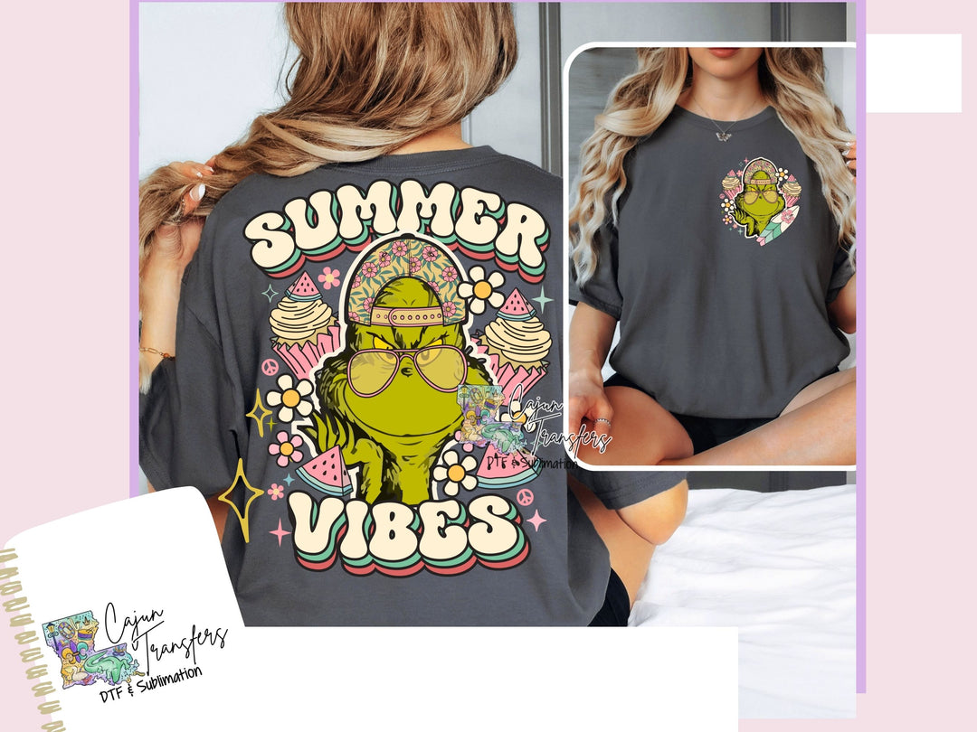 a woman wearing a shirt that says summer vibes