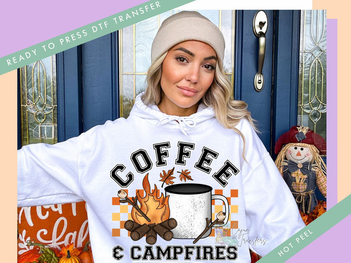 a woman wearing a coffee and campfire hoodie