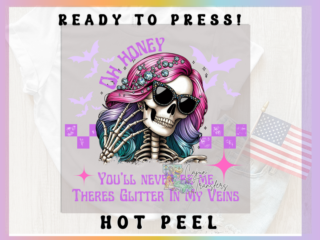 a t - shirt with a skeleton wearing sunglasses and a pink hair