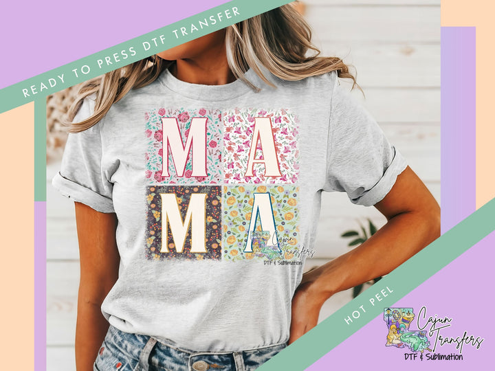 a woman wearing a t - shirt with the word ma ma on it