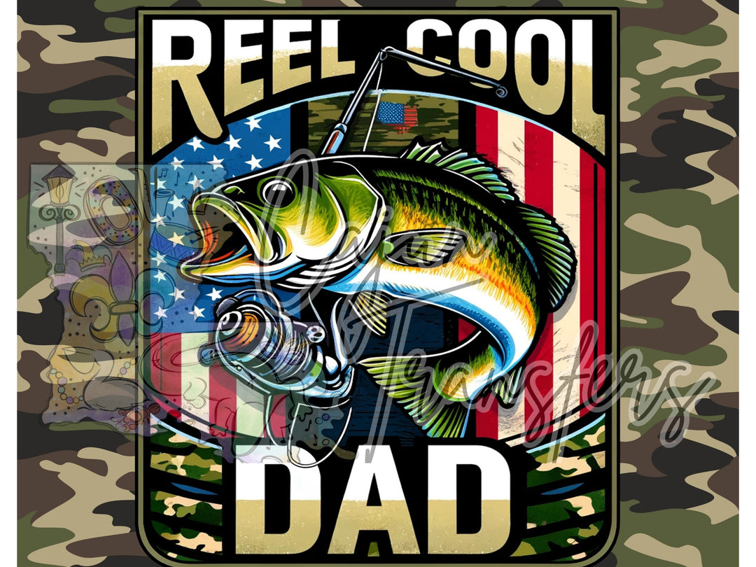 a camo background with a fish and the words reel cool dad