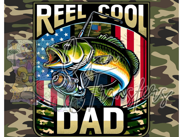 a camo background with a fish and the words reel cool dad