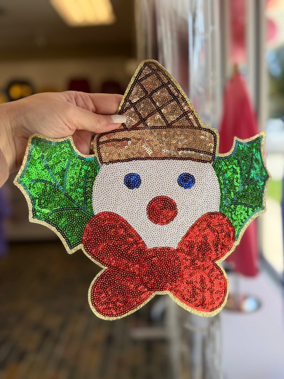 Flying Snowman Face Glitter & Sequin Patch