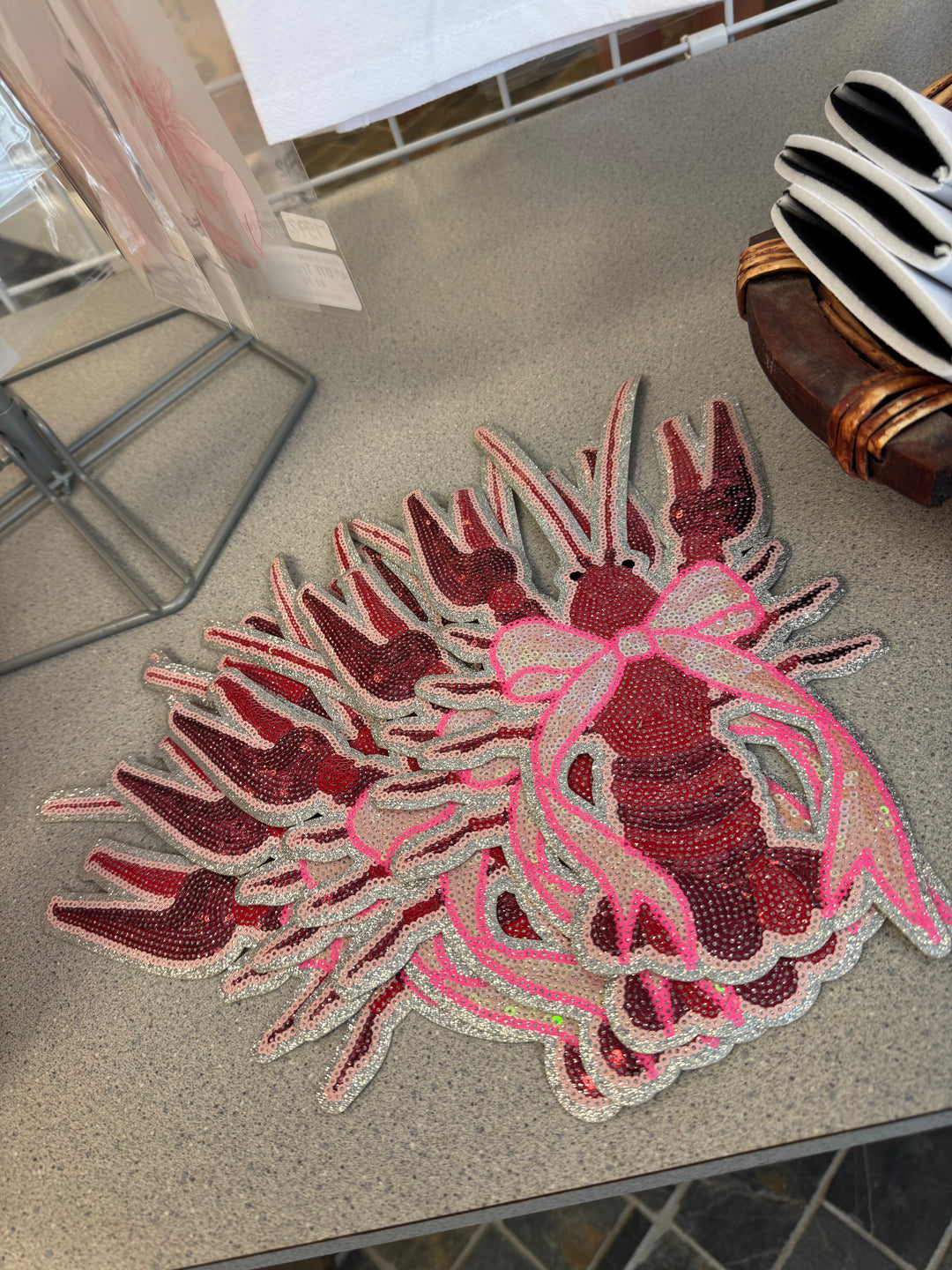 11" Crawfish With Bow Sequins Patch