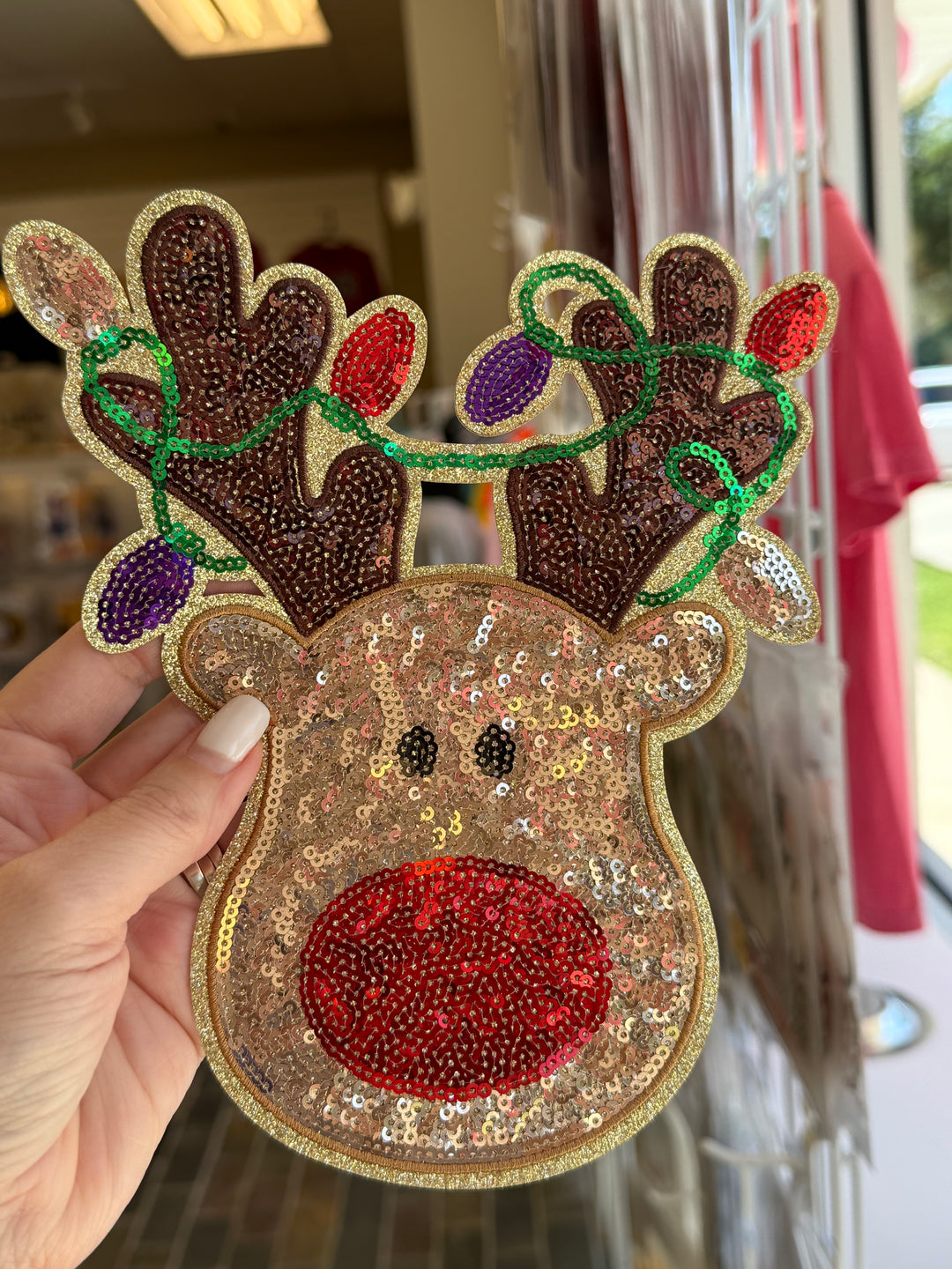 Youth Reindeer W/Lights Glitter & Sequin Patch