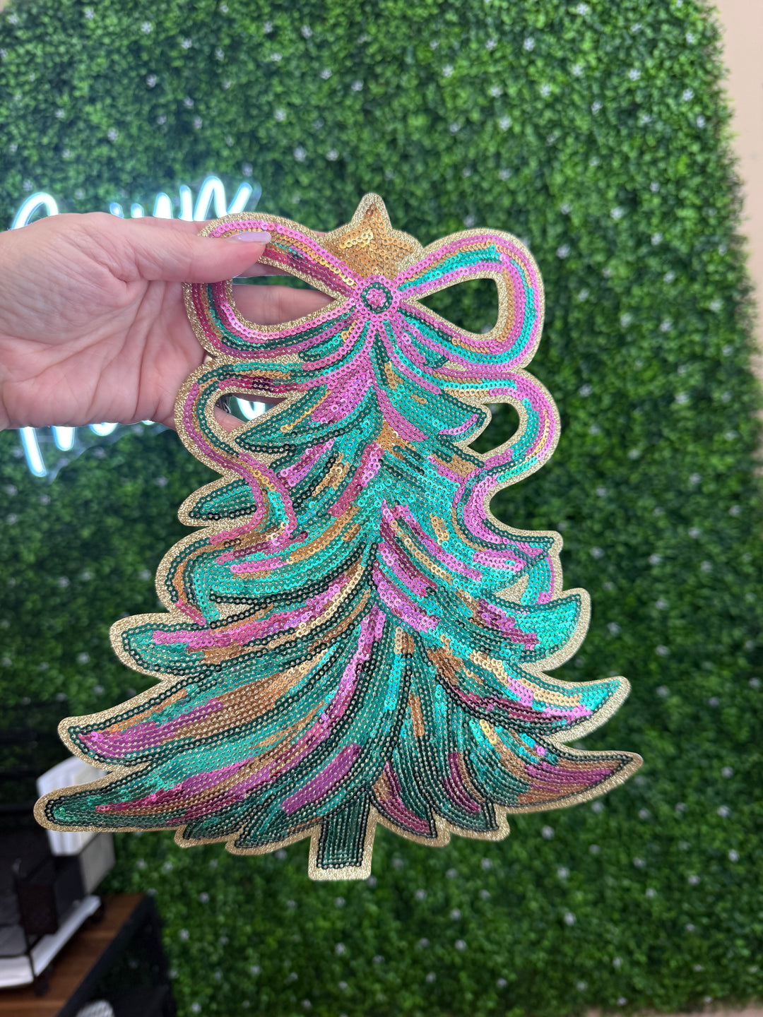 Christmas Tree With Bow Top Glitter & Sequin Patch