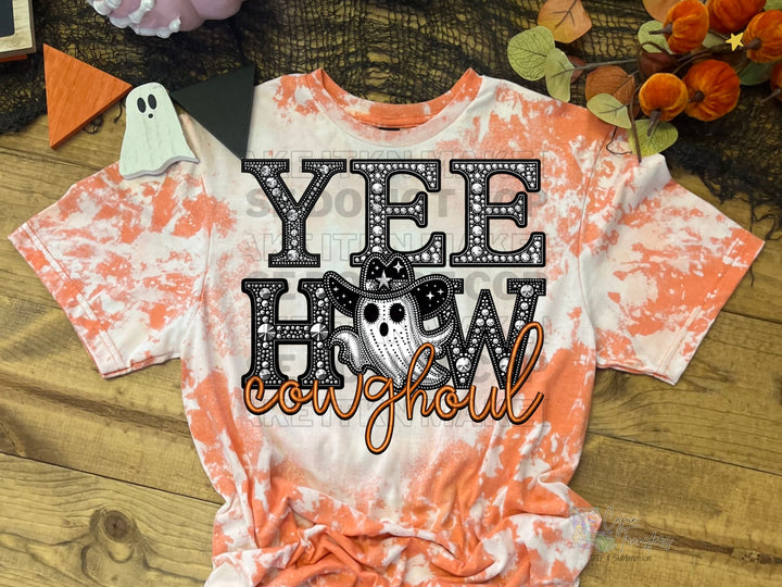 an orange and white shirt with a ghost on it