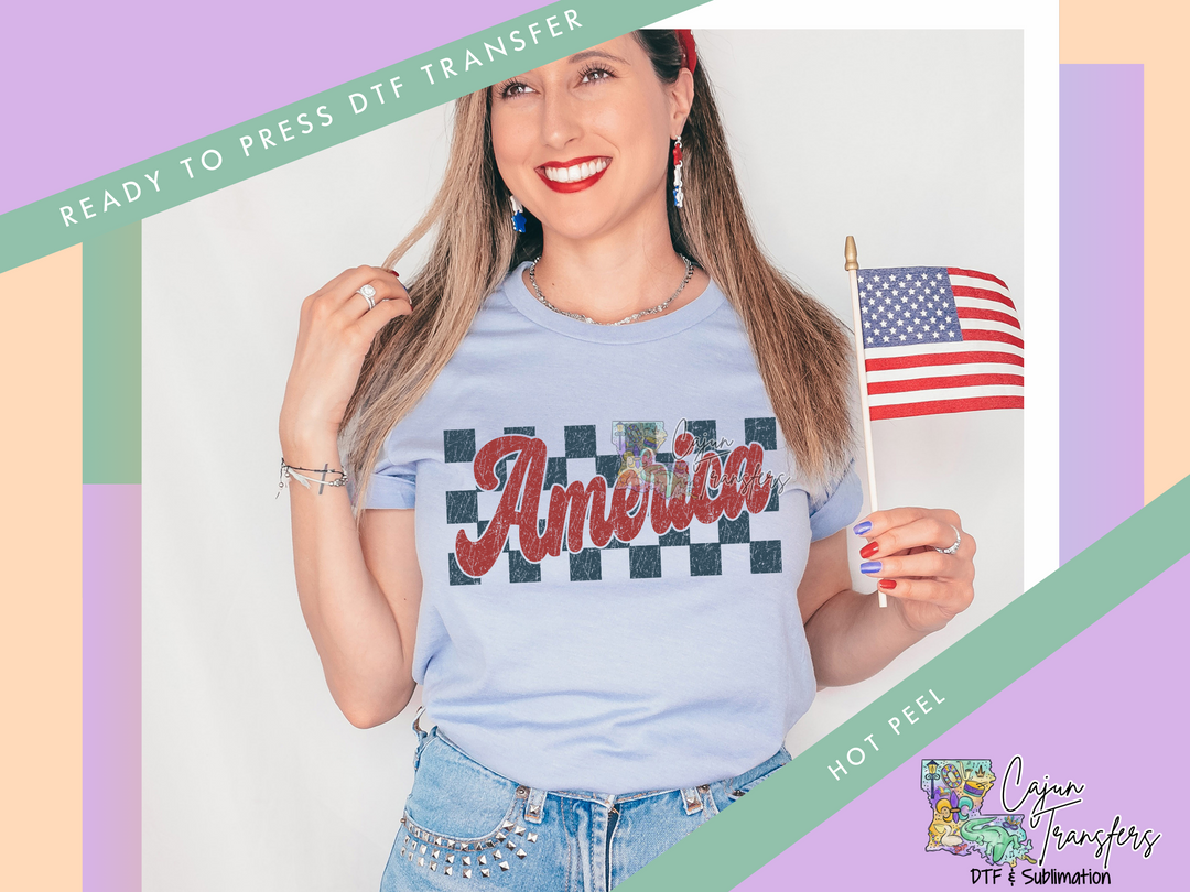 a woman holding an american flag and a toothbrush