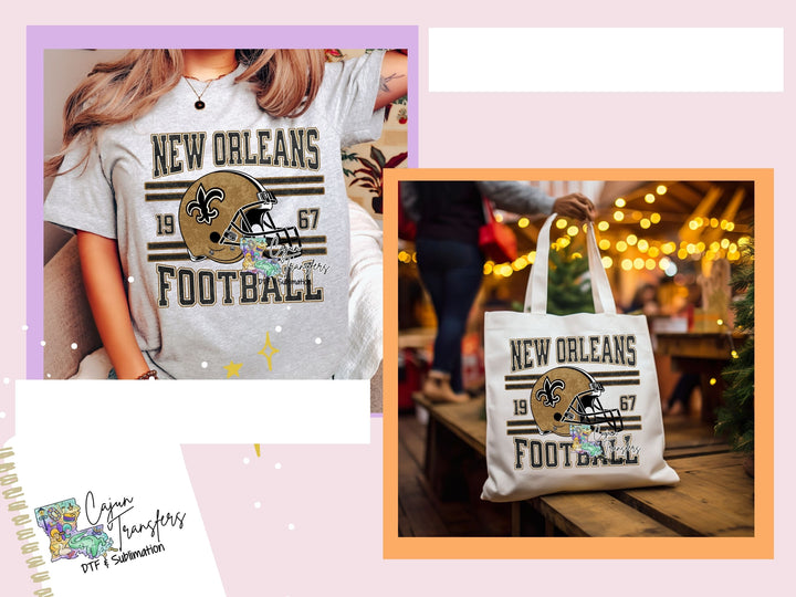 a collage of photos of a woman holding a new orleans football tote bag