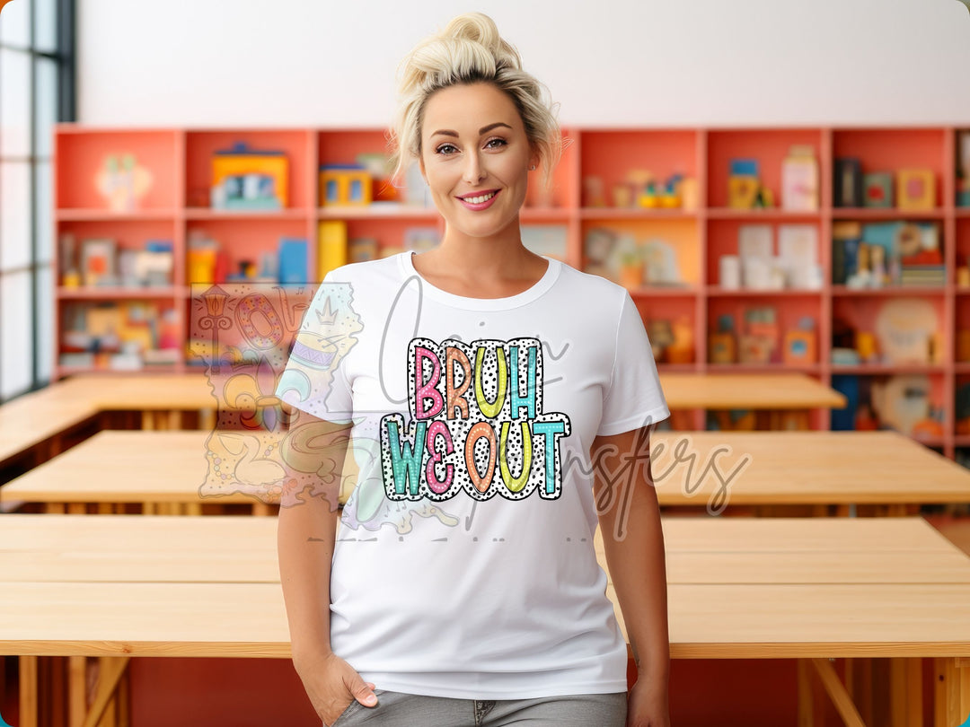 a woman standing in front of a wooden table