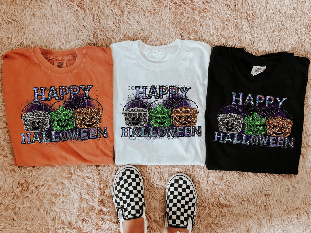 three t - shirts that say happy halloween on them