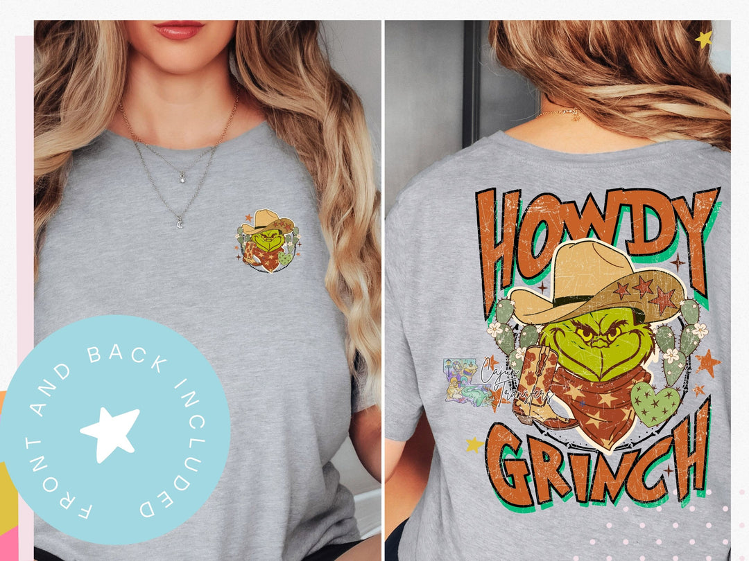 a woman wearing a gray shirt with a cartoon character on it