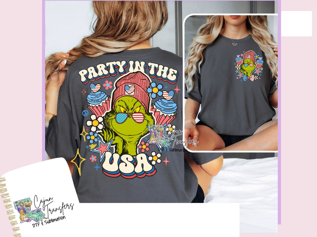 a woman wearing a t - shirt that says party in the usa