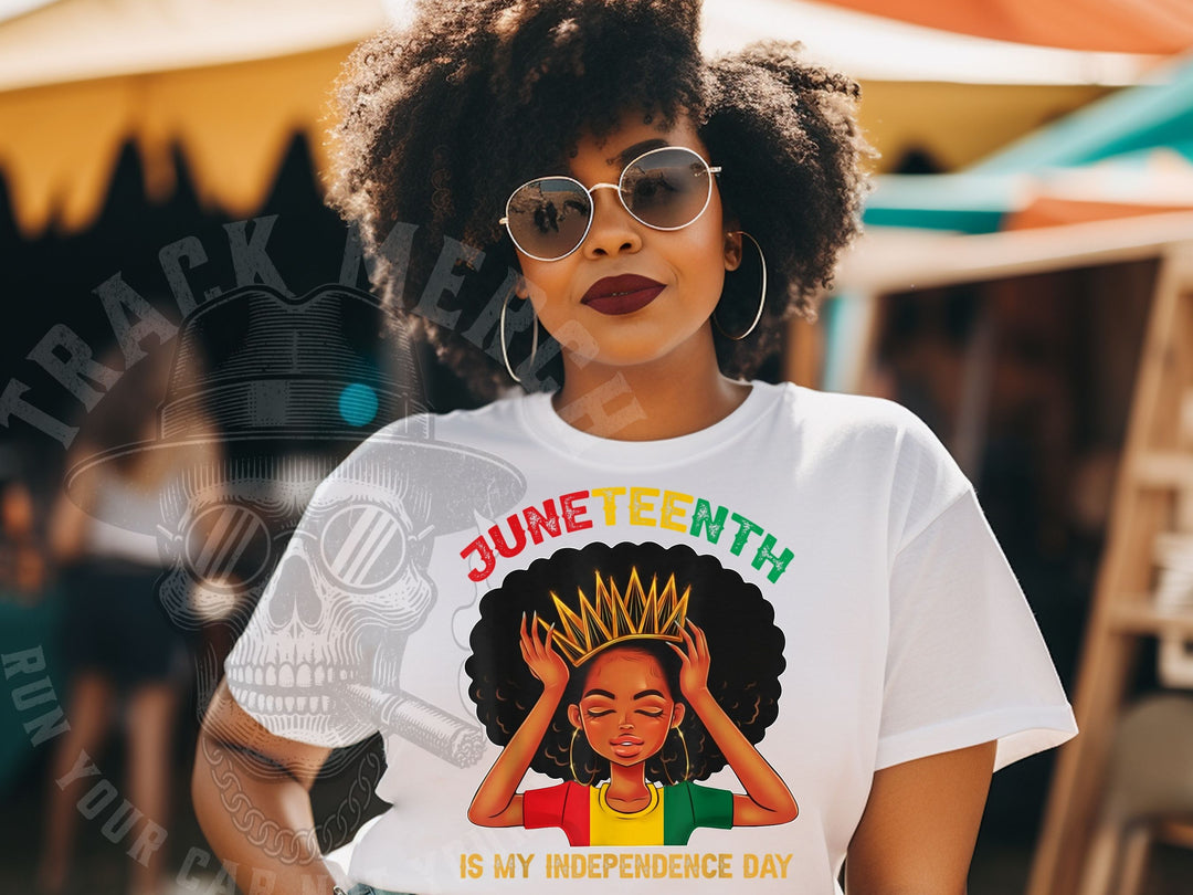 a woman wearing a white t - shirt with a picture of a woman wearing a