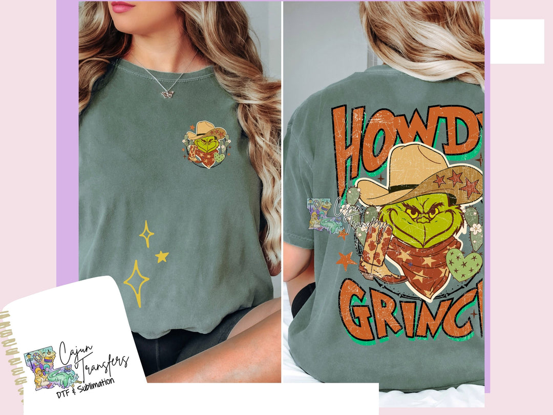 a woman wearing a green shirt with a cartoon character on it