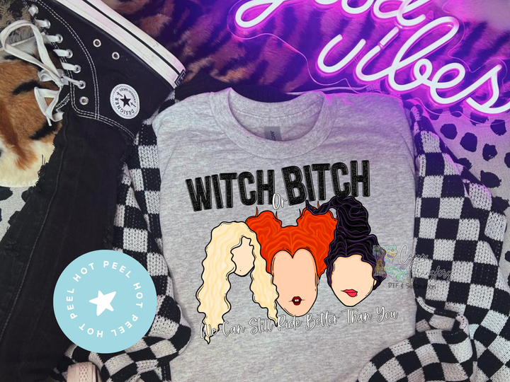 a pair of sneakers and a t - shirt with the words witch bitch on it