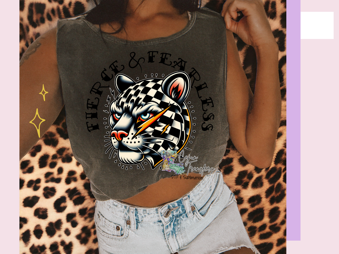 a woman wearing a tank top with a tiger on it
