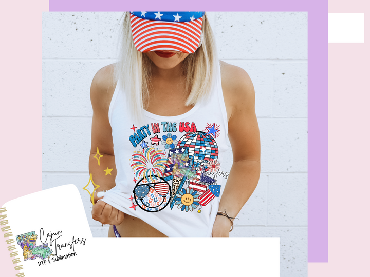 a woman wearing a patriotic hat and holding a notebook