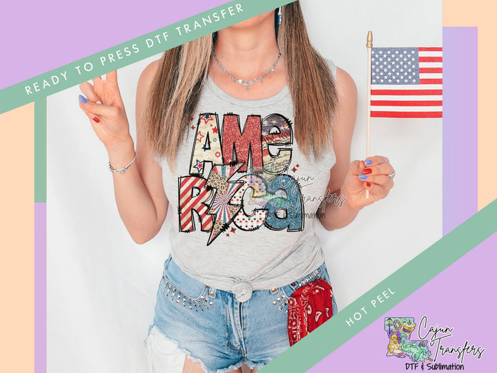 a woman holding an american flag and a toothbrush
