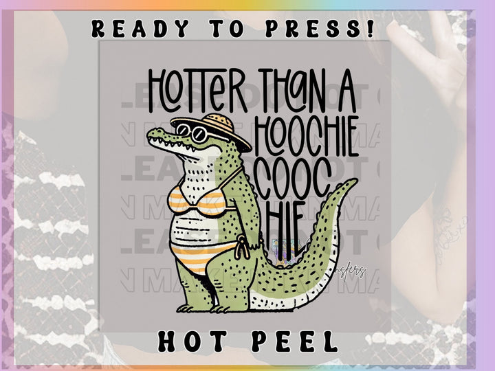 a picture of a woman wearing a bathing suit with a crocodile on it