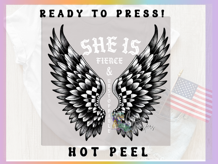 a t - shirt with wings and the words she is fierce and hot peel