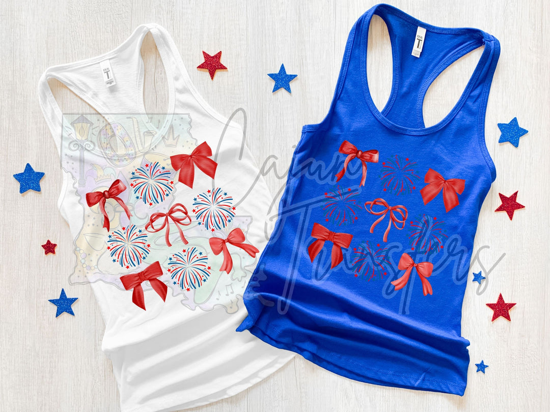 two women's patriotic tank tops with red, white and blue bows