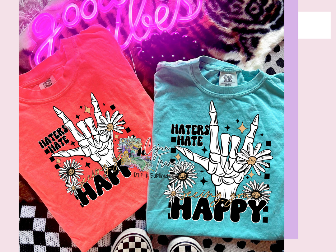 two t - shirts that say happy and hate hate hate hate hate hate hate hate