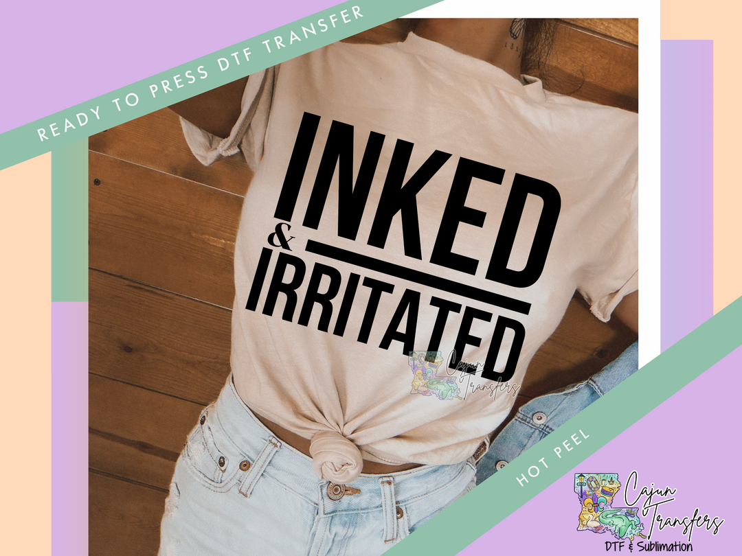 a woman wearing a t - shirt that says inked and irritated