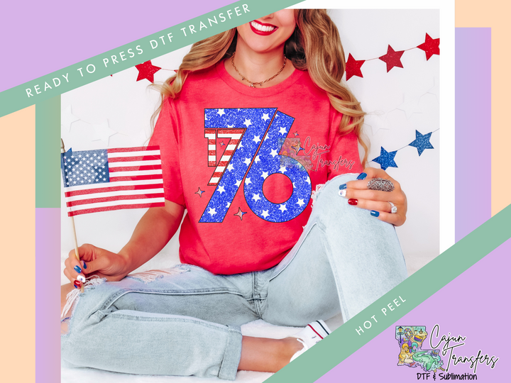a woman wearing a red shirt with the american flag on it