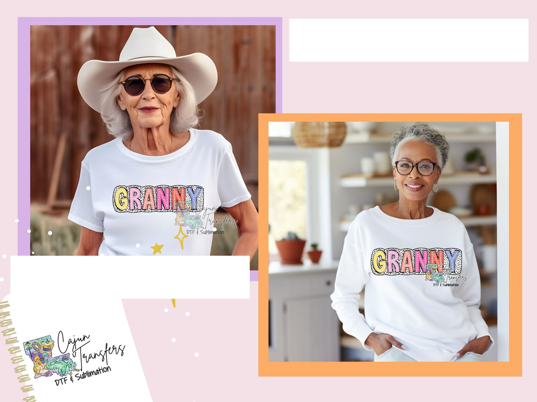 a woman wearing a white shirt with the word granny on it