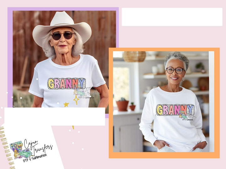 a woman wearing a white shirt with the word granny on it