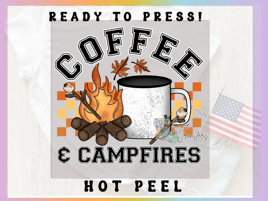 a coffee mug with a campfire next to it