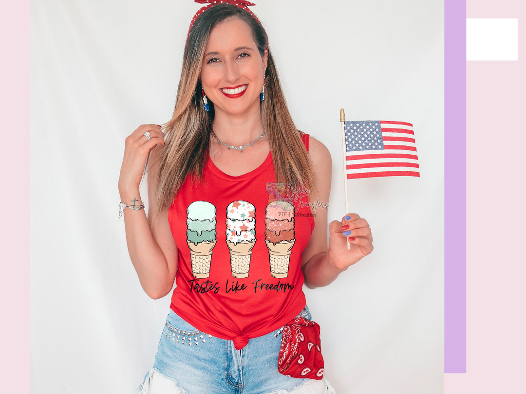 a woman holding an american flag and ice cream