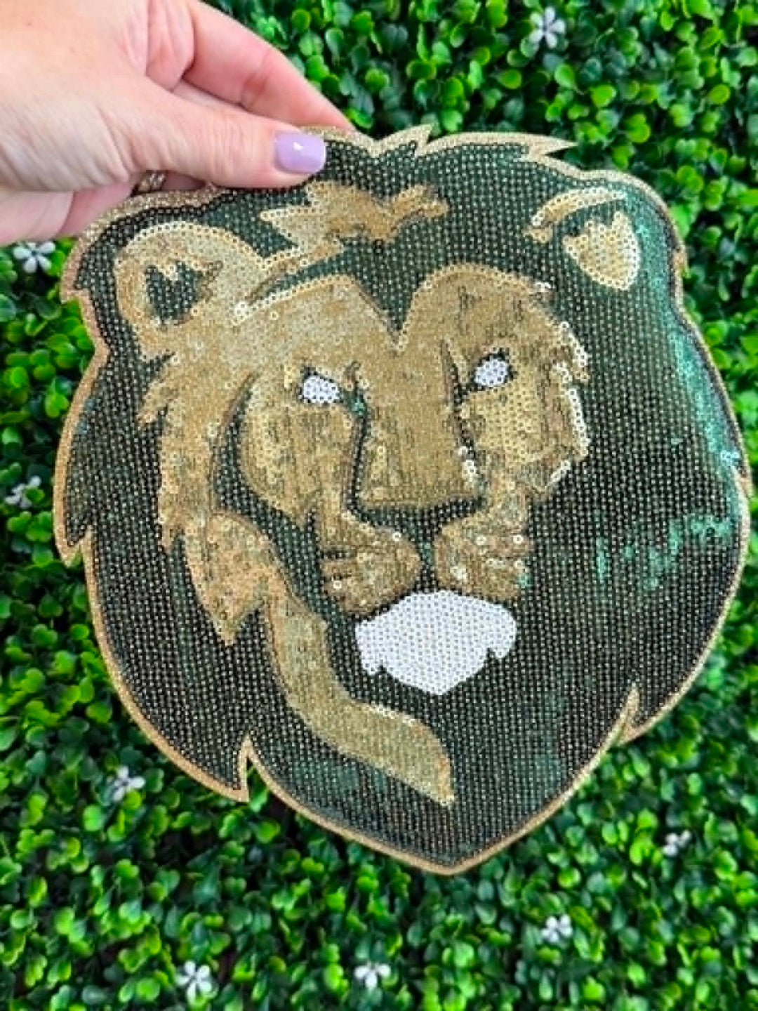 Gold & Green Lions Head Sequins & Glitter  Patch