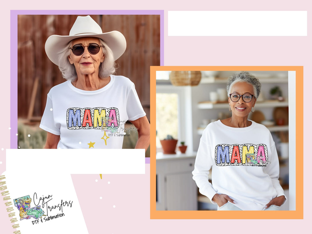 a woman wearing a white shirt with the word mama on it