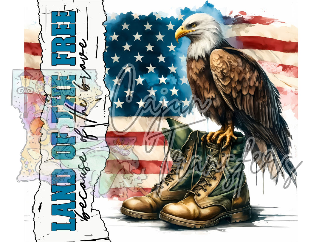 a bald eagle sitting on top of a pair of military boots