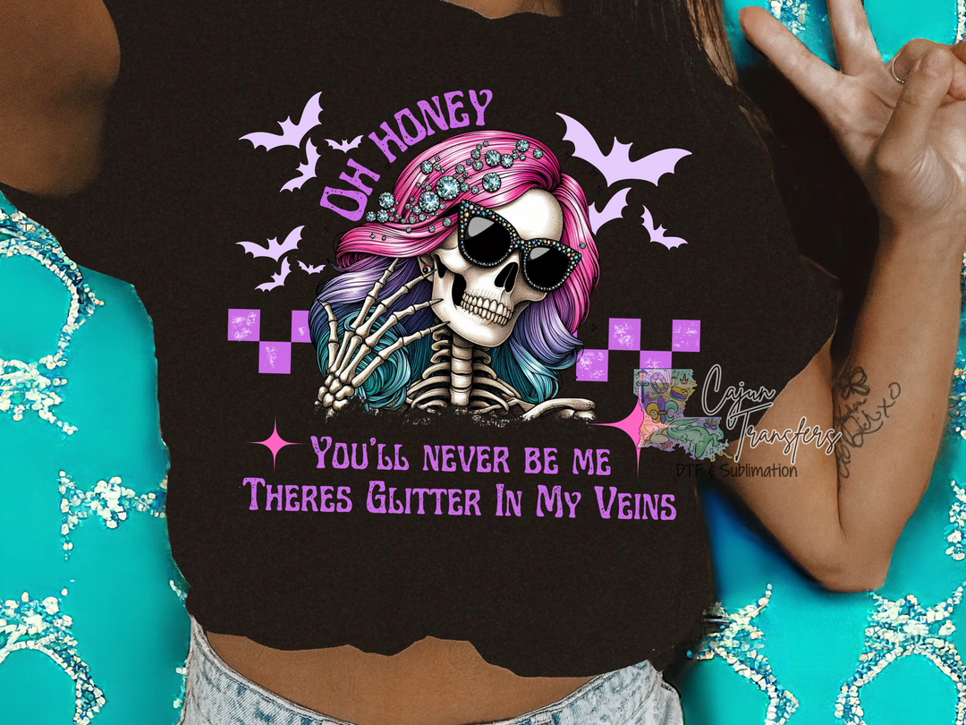 a woman wearing a black shirt with a skeleton on it