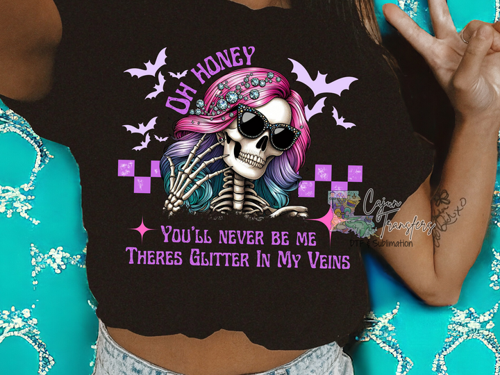 a woman wearing a black shirt with a skeleton on it