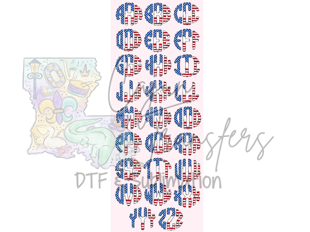 a sticker with the letters and numbers in red, white, and blue