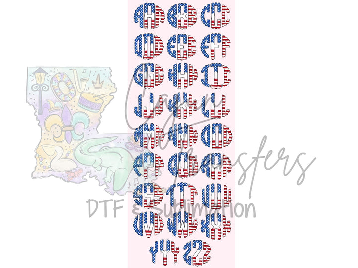 a sticker with the letters and numbers in red, white, and blue