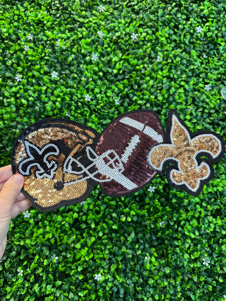 11" Black & Gold Football Trio Sequins Patch